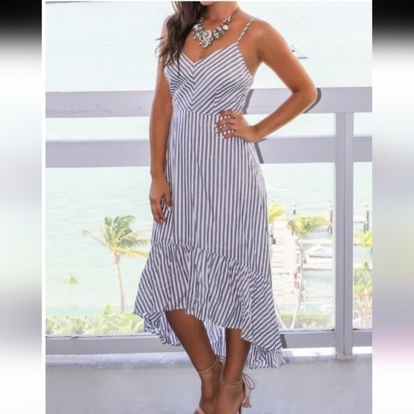 Mustard Seed | Striped Hi-Low Midi Slip Dress Blue White Size M - Picture 10 of 11